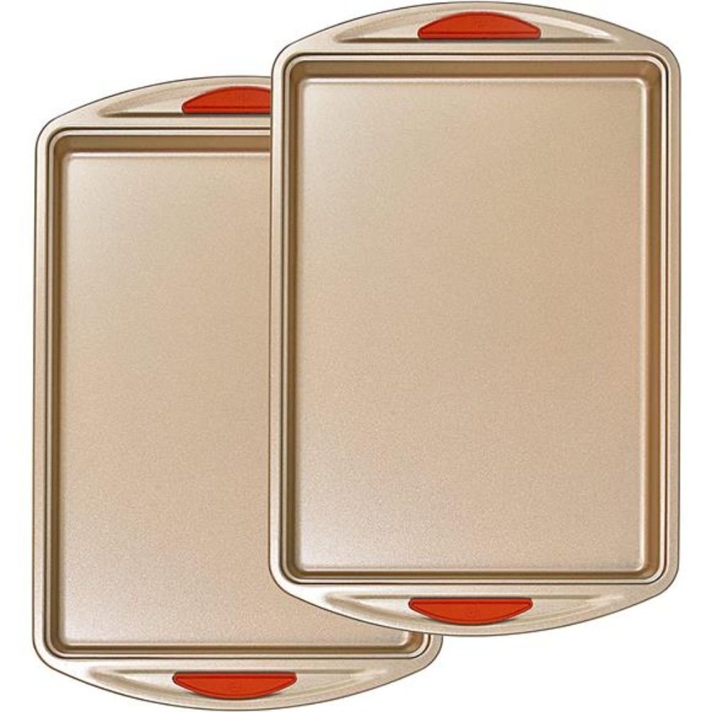 Nonstick Baking Pan Set 2 Piece Gold with Red Silicone